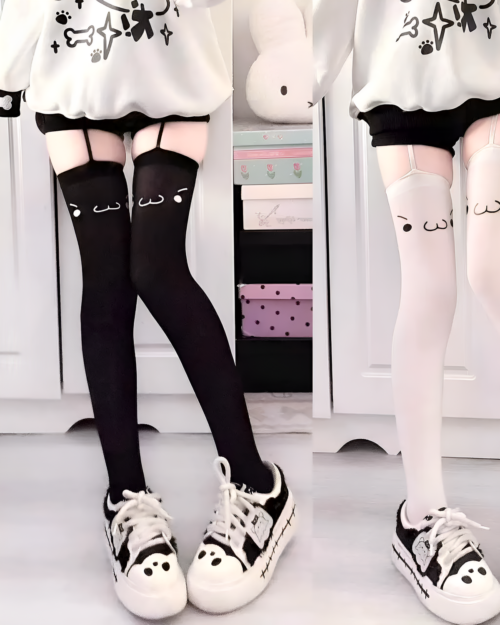Kaomoji Suspender Stockings thigh-high socks with cat face design.