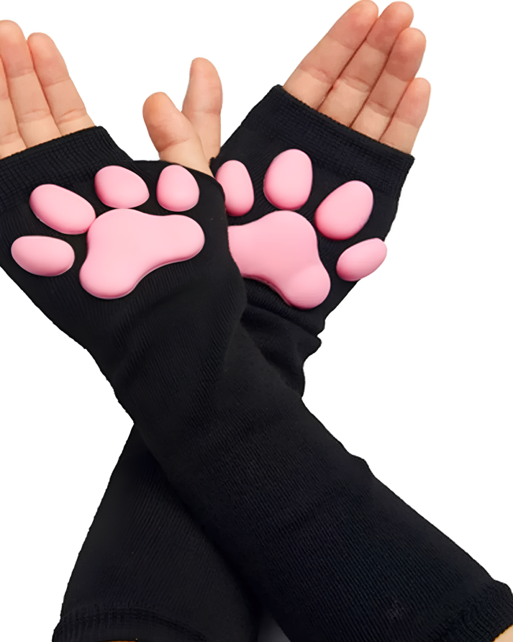 Black fingerless gloves with pink 3D cat paw sleeves detail. Kawaii fashion accessory.