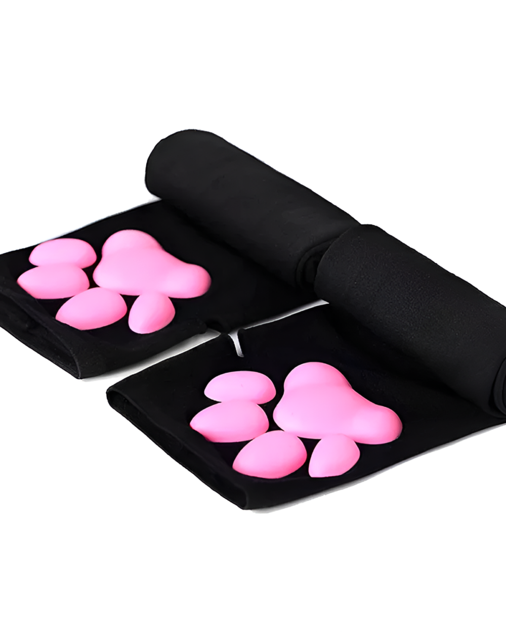 Pair of black and pink Kawaii 3D cat paw sleeves displayed on a white background.