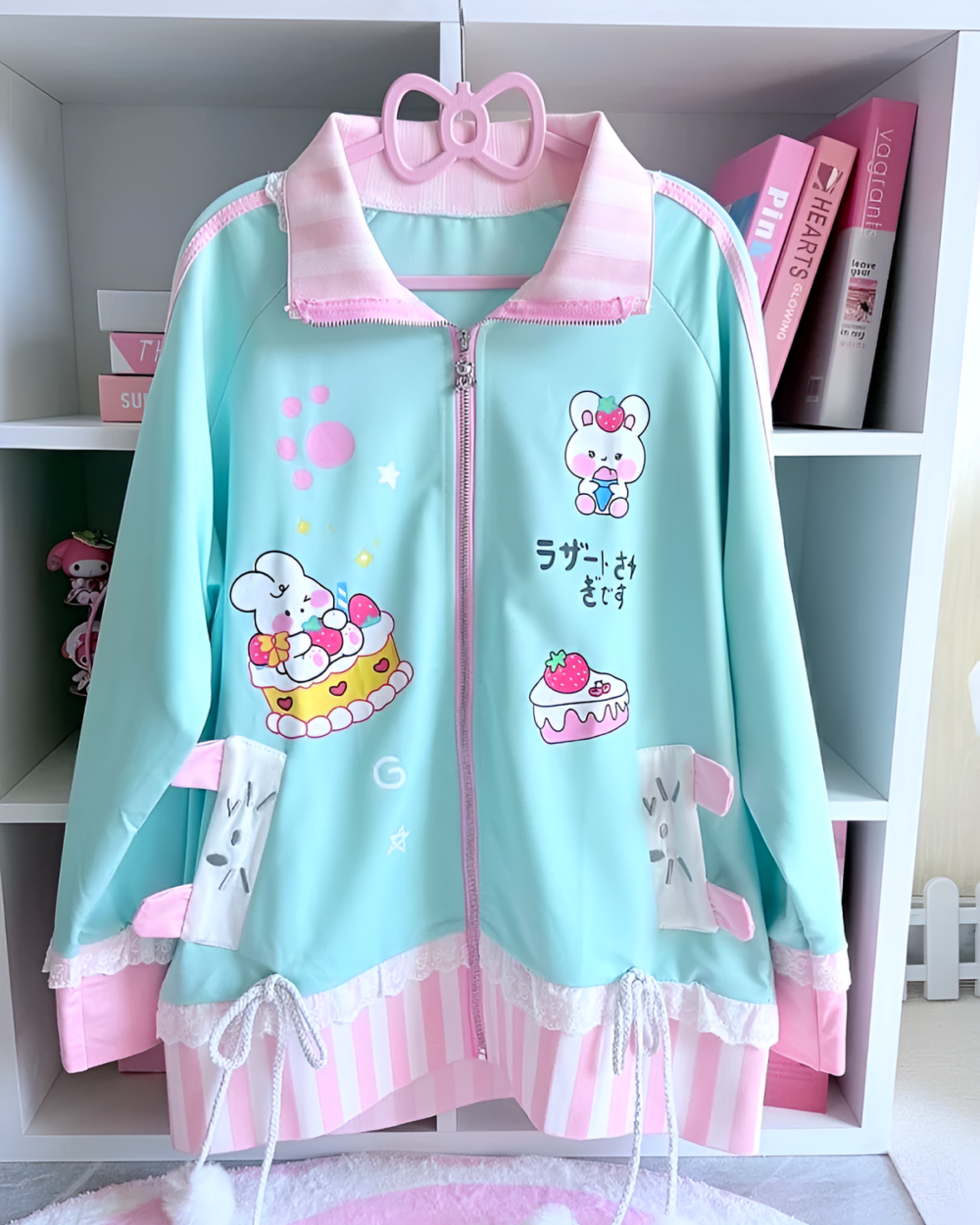 Kawaii bunny cardigan jacket with dessert and character details.
