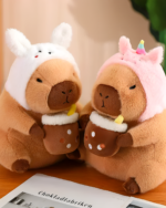 Two Kawaii Capybara Plushies – Bread and Flower Edition, each holding a bubble tea. A cute capybara plushie gift idea.