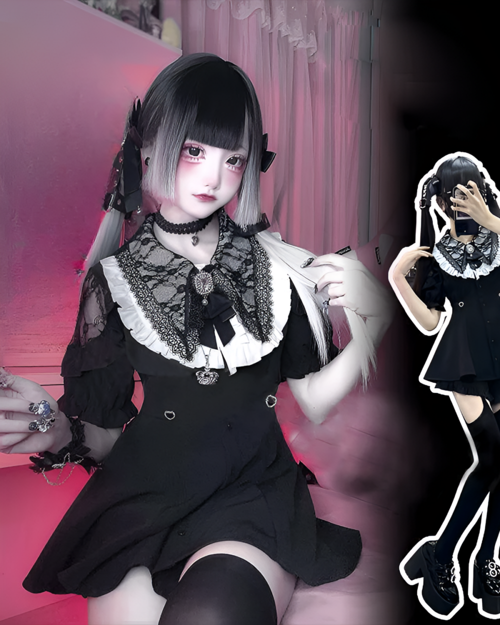 Model wearing a black Kawaii Dark Pleated Dress with lace details. Includes a close-up of the Jirai Kei dress and accessories.