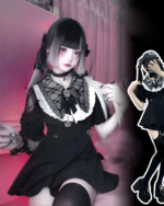 Model wearing a black Kawaii Dark Pleated Dress with lace details. Includes a close-up of the Jirai Kei dress and accessories.