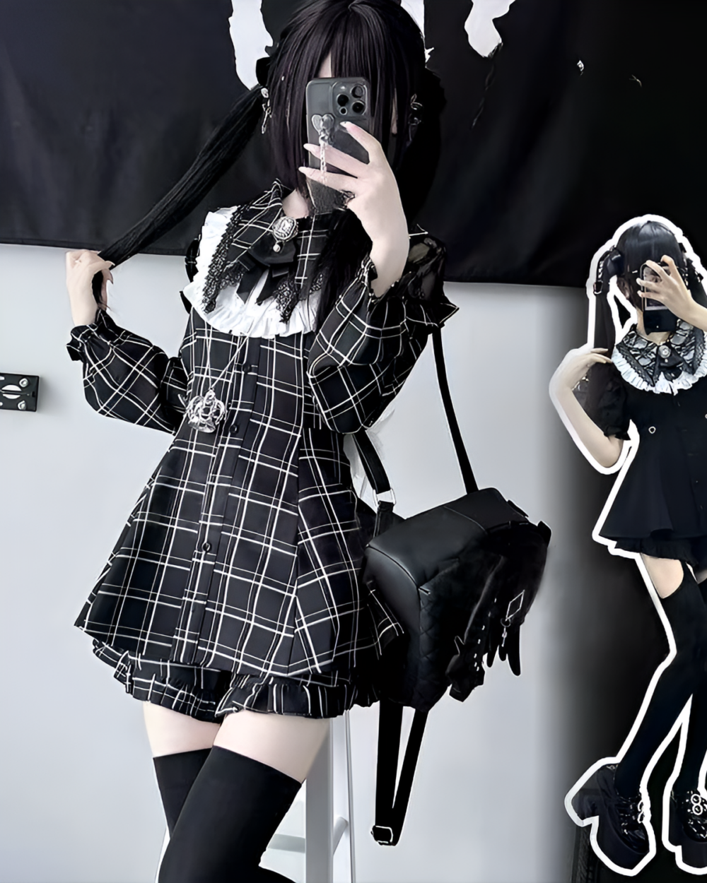 Woman wearing a black and white plaid Jirai Kei dress with lace details and a bow. Includes thigh-high socks.