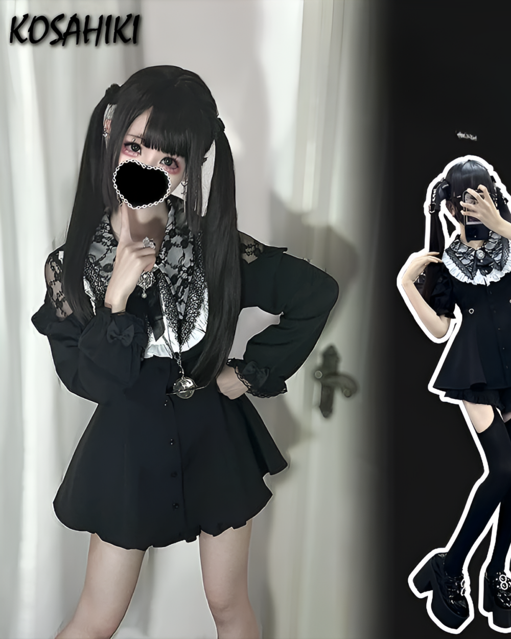 Black Jirai Kei dress with lace collar and pleated skirt, modeled with accessories. Full body and close-up views shown.