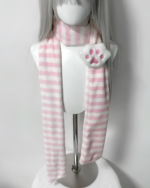Pink and white striped Kawaii Neko Paw Scarf on a mannequin. Features a fluffy cat paw detail.
