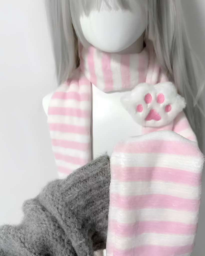 Pink and white striped Kawaii Neko Paw Scarf displayed on a mannequin head. Features a fluffy texture and cat paw detail.