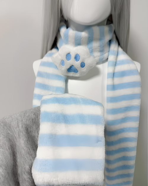 Blue and white striped Kawaii Neko Paw Scarf on a mannequin head. The scarf features a fluffy white paw detail.