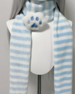 Blue and white striped Kawaii Neko Paw Scarf with a fluffy white paw detail. Soft winter accessory.