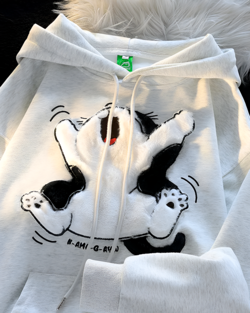 White Kawaii Fluffy Neko Pullover Hoodie with a smiling cat face graphic and hood.