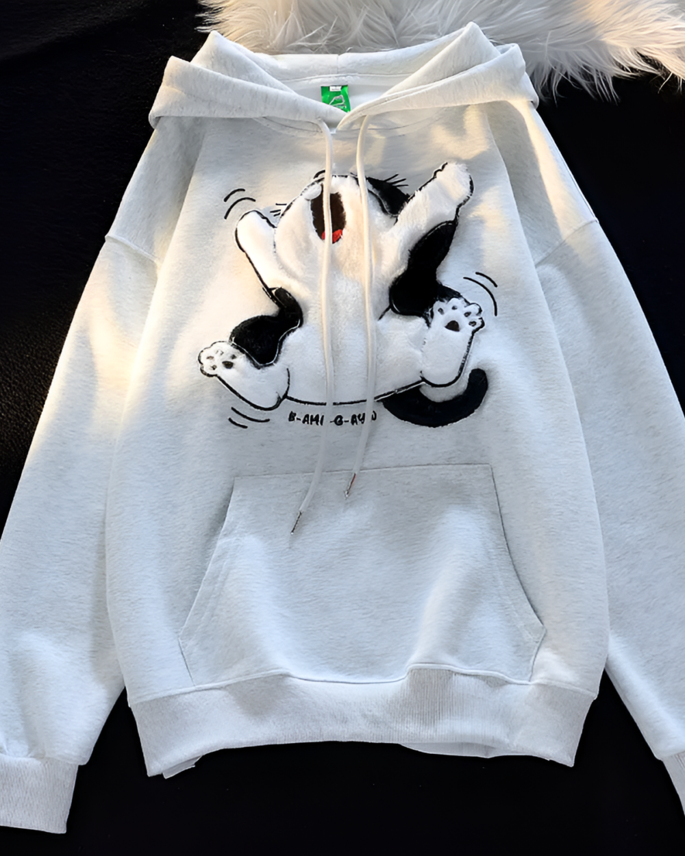 Kawaii Fluffy Neko Pullover Hoodie featuring a grey cat graphic and hood.