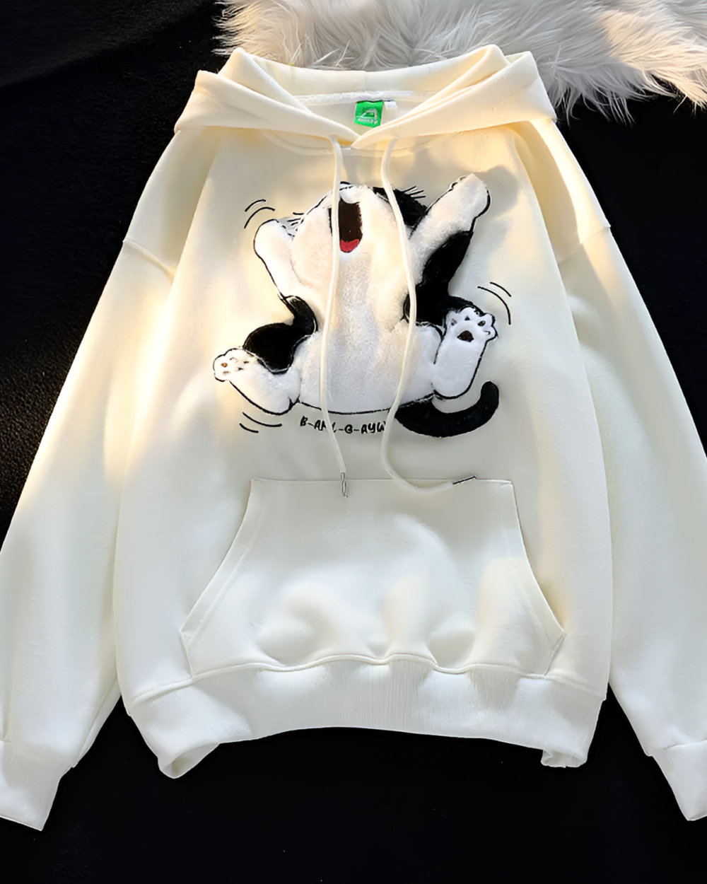 White Kawaii Fluffy Neko Pullover Hoodie with a cute cartoon cat design.