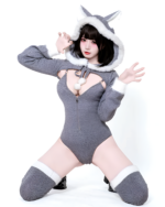 Gray Kawaii Kitsune Bodysuit Set with hood, sleeves, and knee-high socks. Model posing.