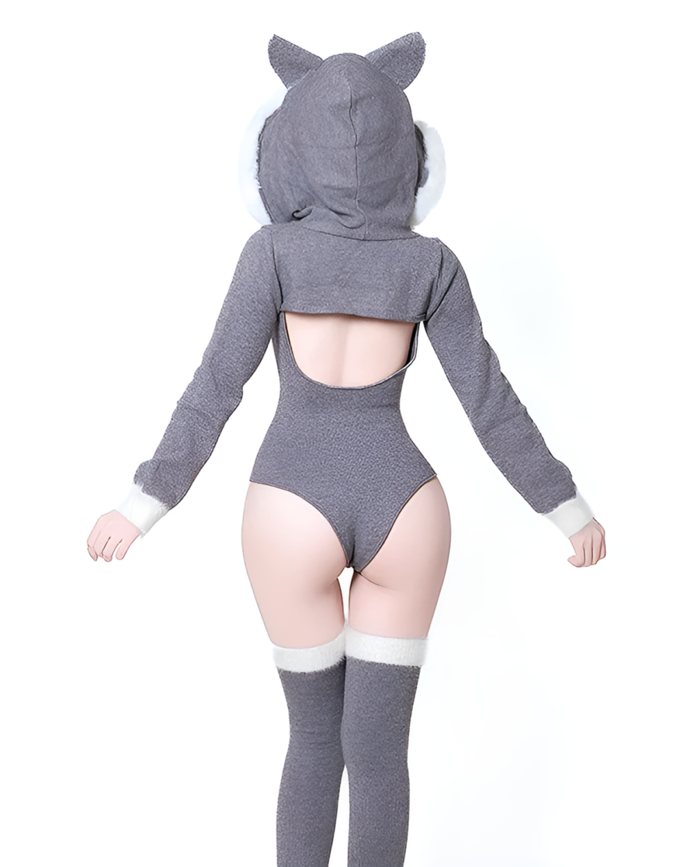Gray Kawaii Kitsune Bodysuit Set with hood, sleeves, and thigh-high socks.