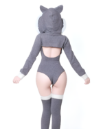 Gray Kawaii Kitsune Bodysuit Set with hood, sleeves, and thigh-high socks.