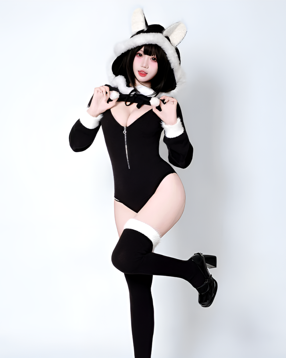 Black Kawaii Kitsune Bodysuit Set with ears, hood, and thigh-high socks.