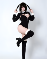 Black Kawaii Kitsune Bodysuit Set worn by a model, featuring fox ears and a bow.