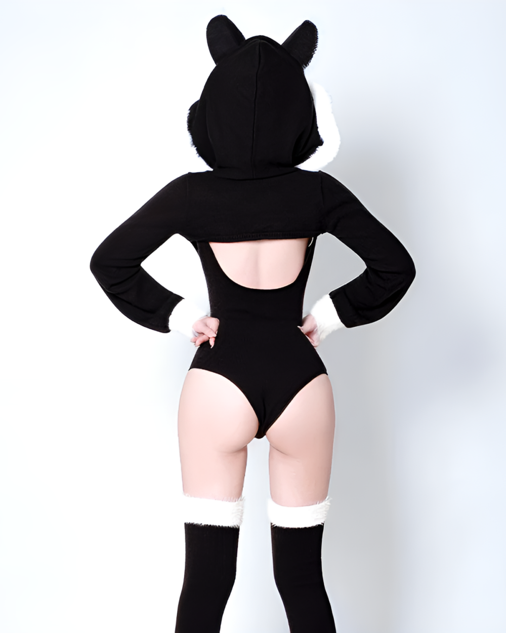 Black Kawaii Kitsune Bodysuit Set with hood, sleeves, and thigh socks.