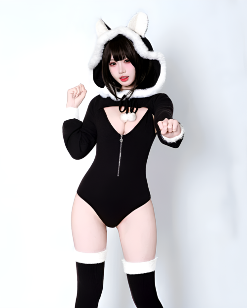 Black Kawaii Kitsune Bodysuit Set with hood, ears, and thigh-high socks, featuring a zipper and a faux fur trim.