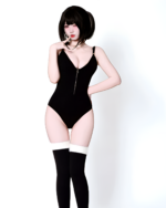 Woman wearing a black Kawaii Kitsune Bodysuit Set, including a bodysuit and thigh-high socks.