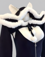 Black and white Kawaii Kitsune Bodysuit Set with hood and ears.