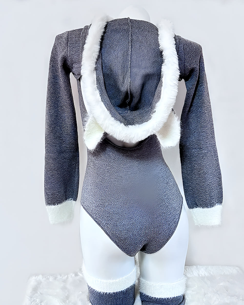 Gray Kawaii Kitsune Bodysuit Set featuring a hood and attached fox ears.