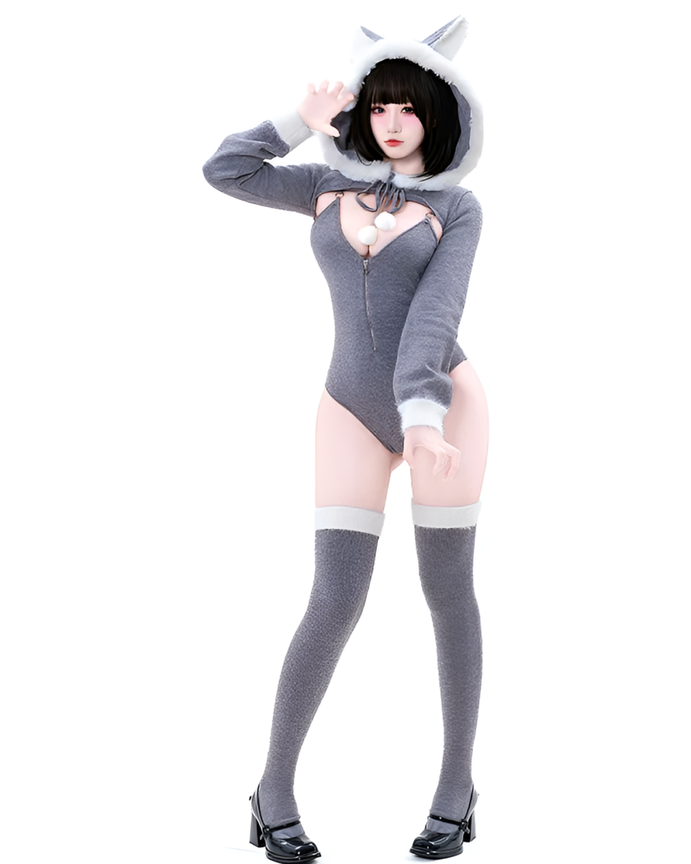 Gray Kawaii Kitsune Bodysuit Set featuring a hood, thigh-high socks, and a zipper closure.