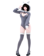 Gray Kawaii Kitsune Bodysuit Set featuring a hood, thigh-high socks, and a zipper closure.