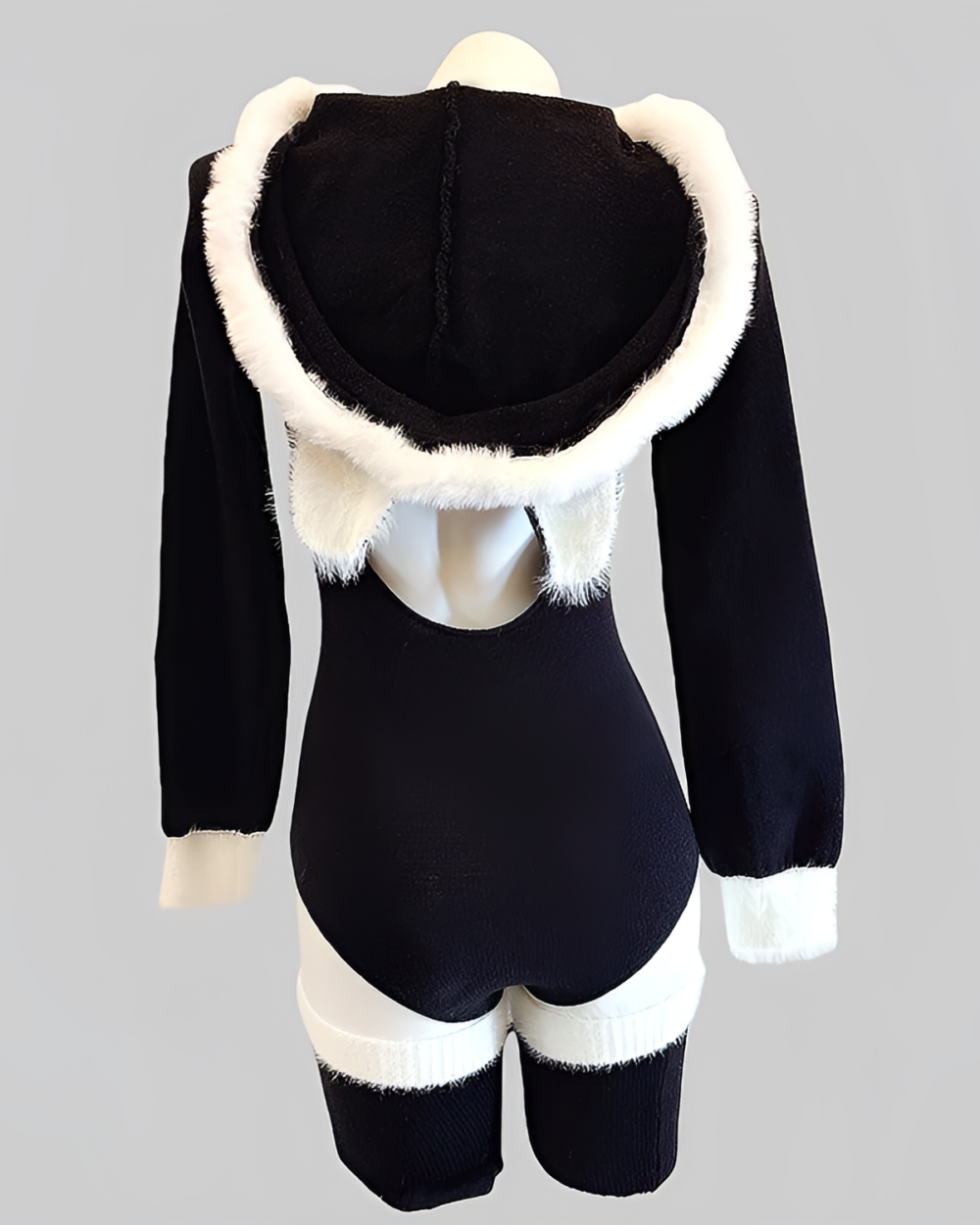 Black Kawaii Kitsune Bodysuit Set with hood and white trim.