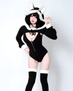 Black Kawaii Kitsune Bodysuit Set with hood, thigh-high socks, and matching accessories.