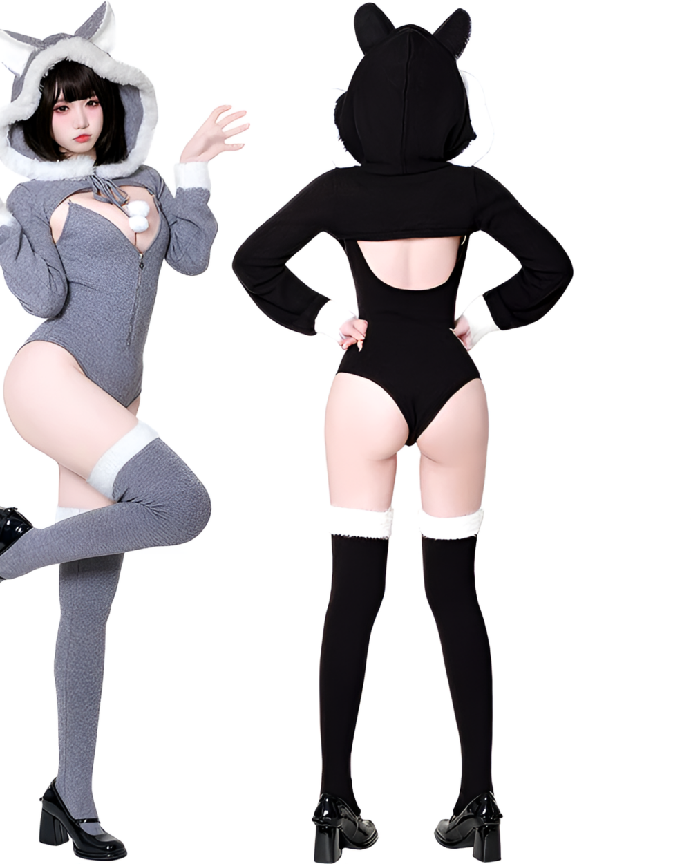 Black and gray Kawaii Kitsune Bodysuit Set with hood, sleeves, and thigh-high socks.
