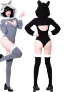 Black and gray Kawaii Kitsune Bodysuit Set with hood, sleeves, and thigh-high socks.
