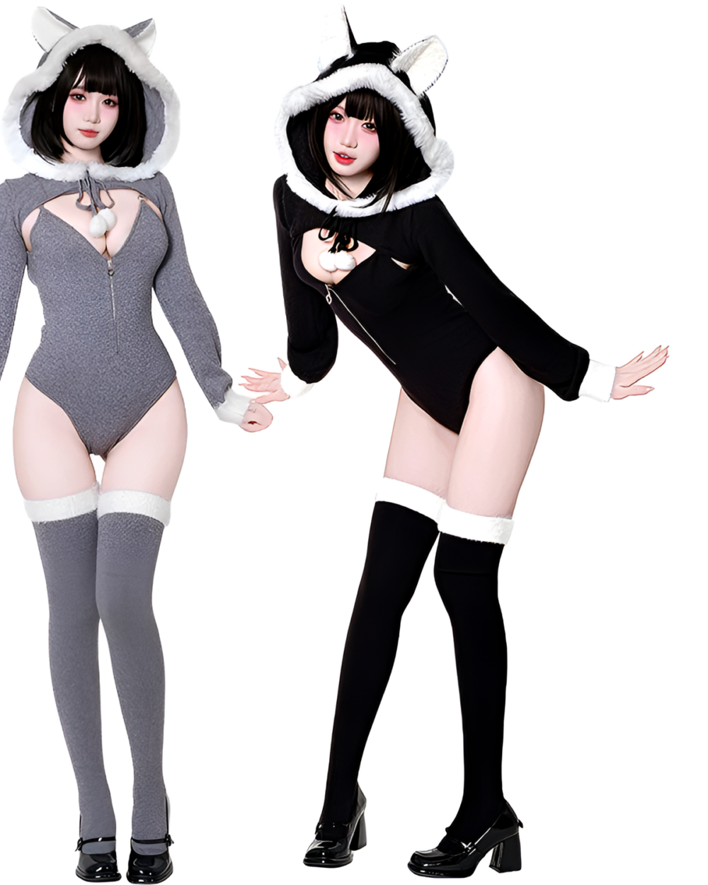 Two models wearing a black Kawaii Kitsune Bodysuit Set with white accents, including hood, gloves, and stockings.