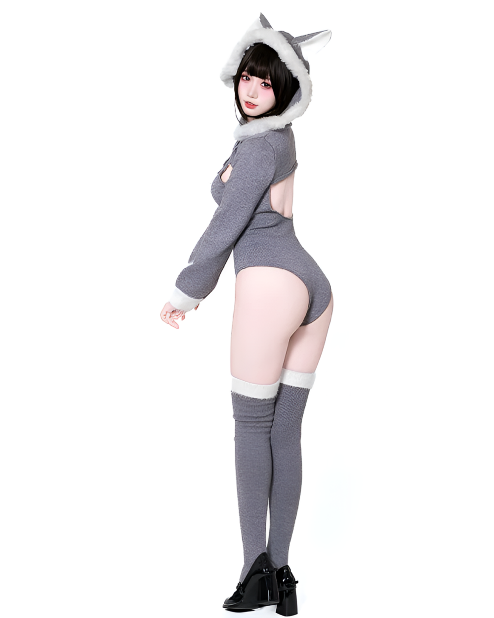 Model wearing a gray Kawaii Kitsune Bodysuit Set with matching hat, socks, and gloves.