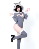 Grey Kawaii Kitsune Bodysuit Set with hood, thigh-high socks, and boots.