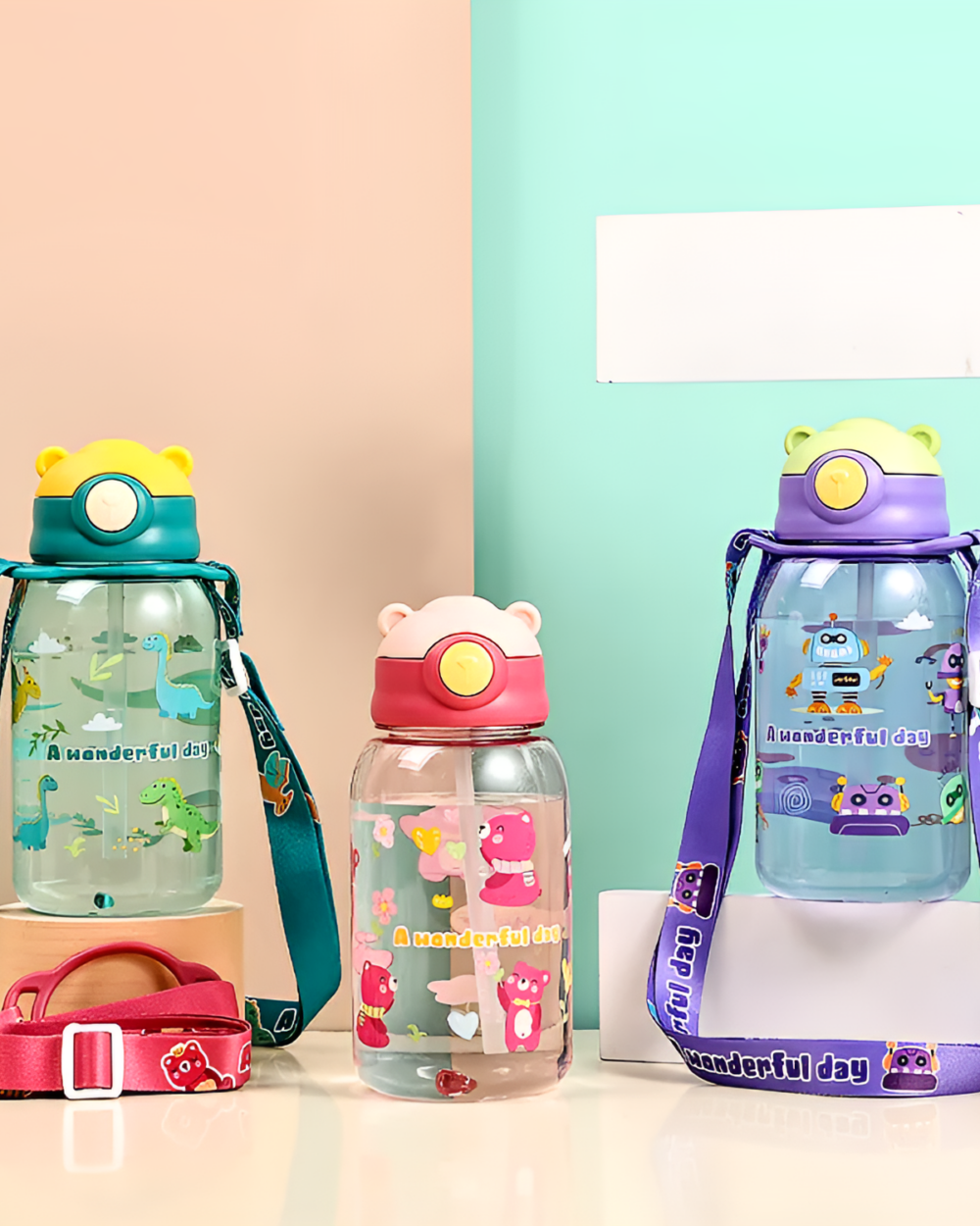 Kawaii Little Bear Water Bottle product photo 1 Two Kawaii Little Bear water bottles with colorful designs and carrying straps.