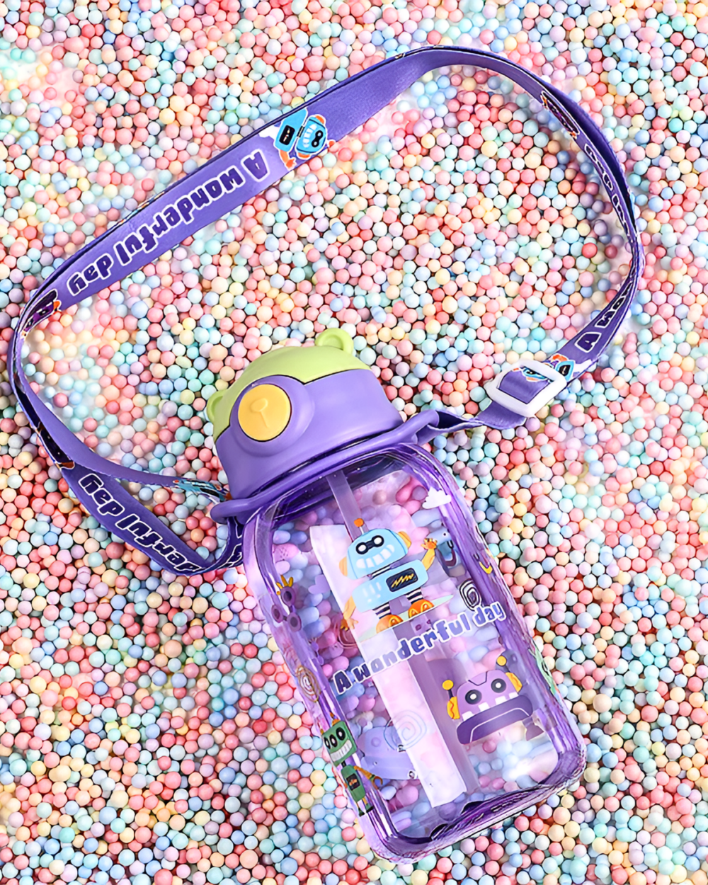 Kawaii Little Bear water bottle on colorful, textured background.