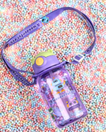Kawaii Little Bear water bottle on colorful, textured background.