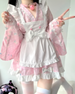 Kawaii lolita style dress featuring a ruffled maid design with floral prints and lace details.