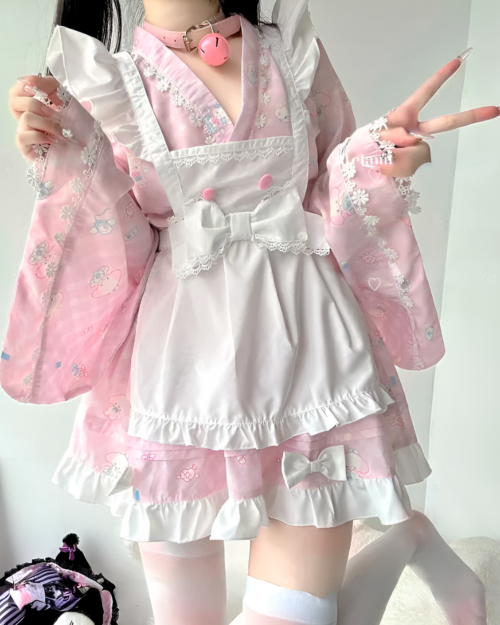Kawaii lolita style dress featuring a ruffled maid design with floral prints and lace details.