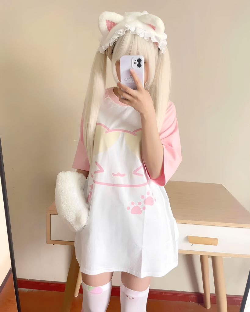 Model wearing a Kawaii Neko T-Shirt featuring a cat face and paw prints.