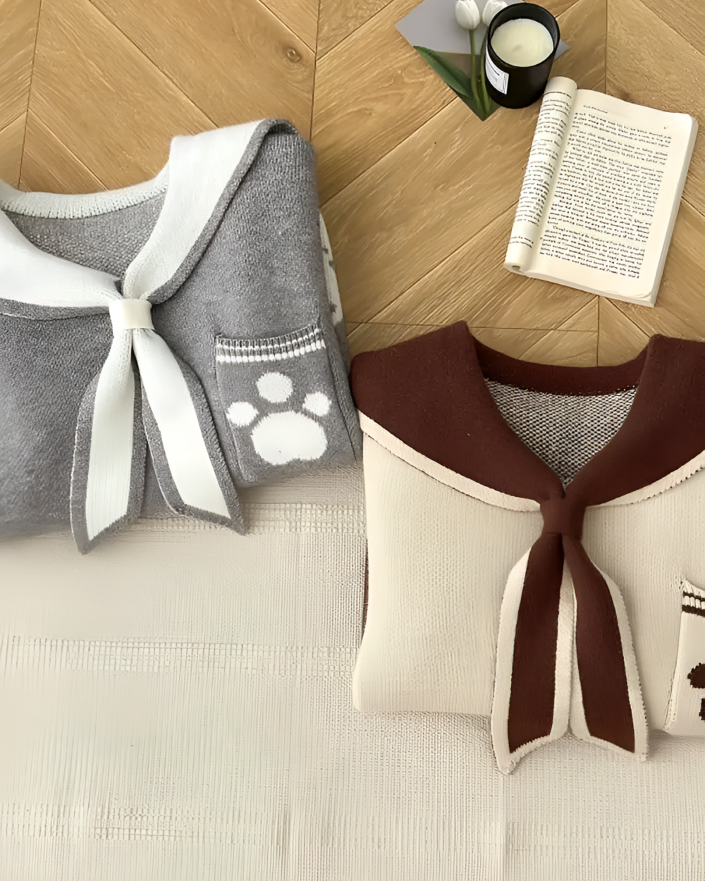 Gray and brown Kawaii Sailor Pullover Sweater with bow detail and paw print.