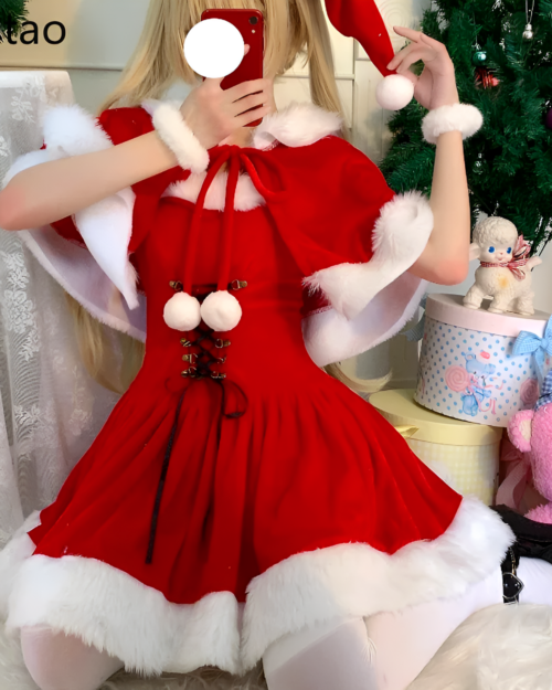 Red Kawaii Shawl Winter Dress with white fur trim, a festive outfit with a Christmas theme.