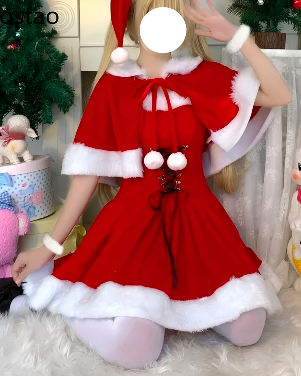 A person wearing a red Kawaii Shawl Winter Dress with white fur trim, resembling a Santa outfit.
