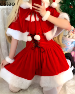 Image of a red Kawaii Shawl Winter Dress with white fur trim and a lace-up bodice. Perfect for winter holiday events.