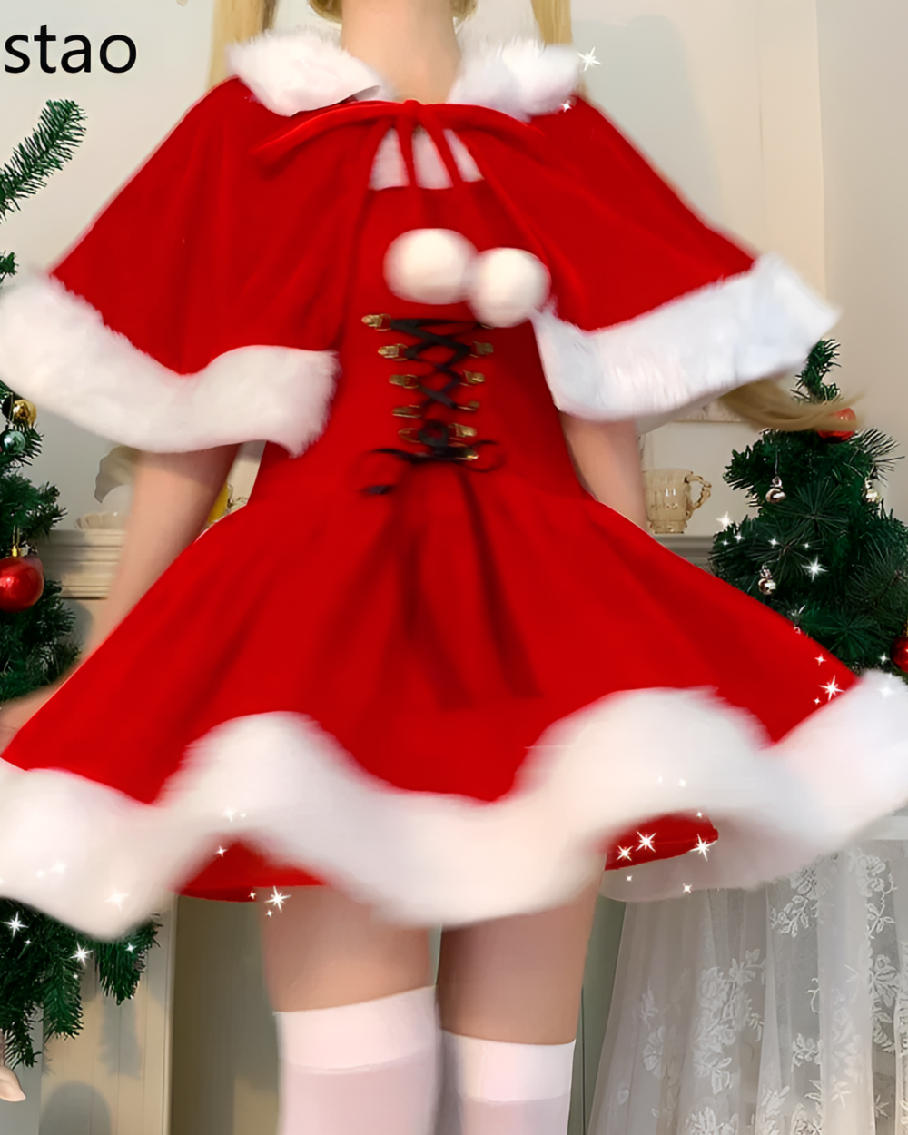 Red Kawaii Shawl Winter Dress with white fluffy trim and lace-up detail, styled for Christmas.