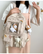 Kawaii Vinyl Pockets Backpack featuring multiple pouches and plush toys. Clear vinyl backpack.