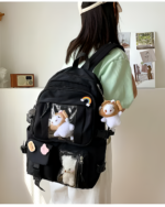 Black Kawaii Vinyl Pockets Backpack featuring clear vinyl pockets and accessories.