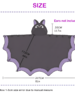 Size guide for the Kawaii Winged Eared Plush Cape showing measurements in cm and inches. Includes cape length (207cm/81in) and wingspan (112cm/44in).