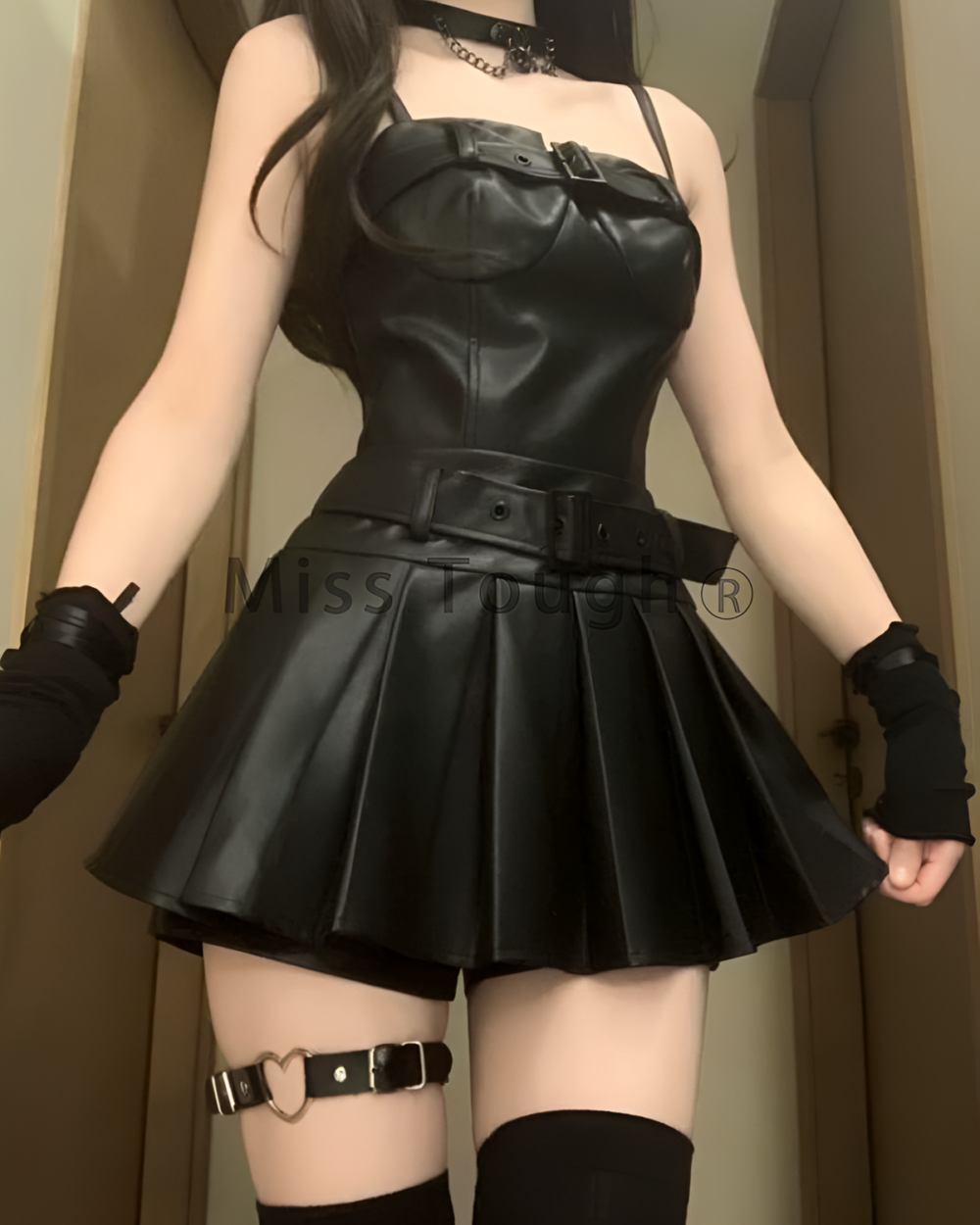 Black Korean-style vegan leather two piece set featuring a corset and skirt.